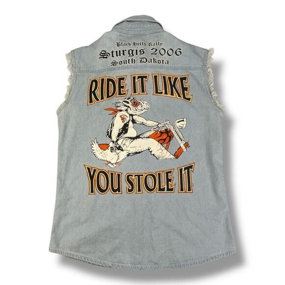 Sturgis 2006 J Fashion Denim Sleeveless Motorcycle Bike Week Button Front Top Si - Picture 1 of 6